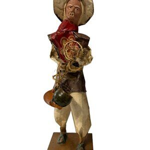 VTG Papier Mache Mexican Folk Art 12 in. male figurine carrying 2 pottery pieces